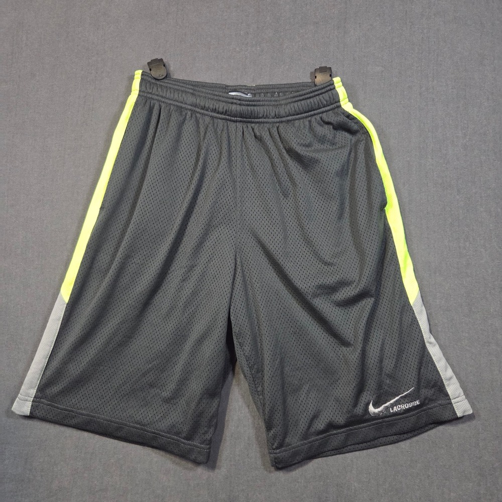 Nike Lacrosse Shorts Mens Small Grey Neon Yellow Mesh Athletic Training Dri-Fit